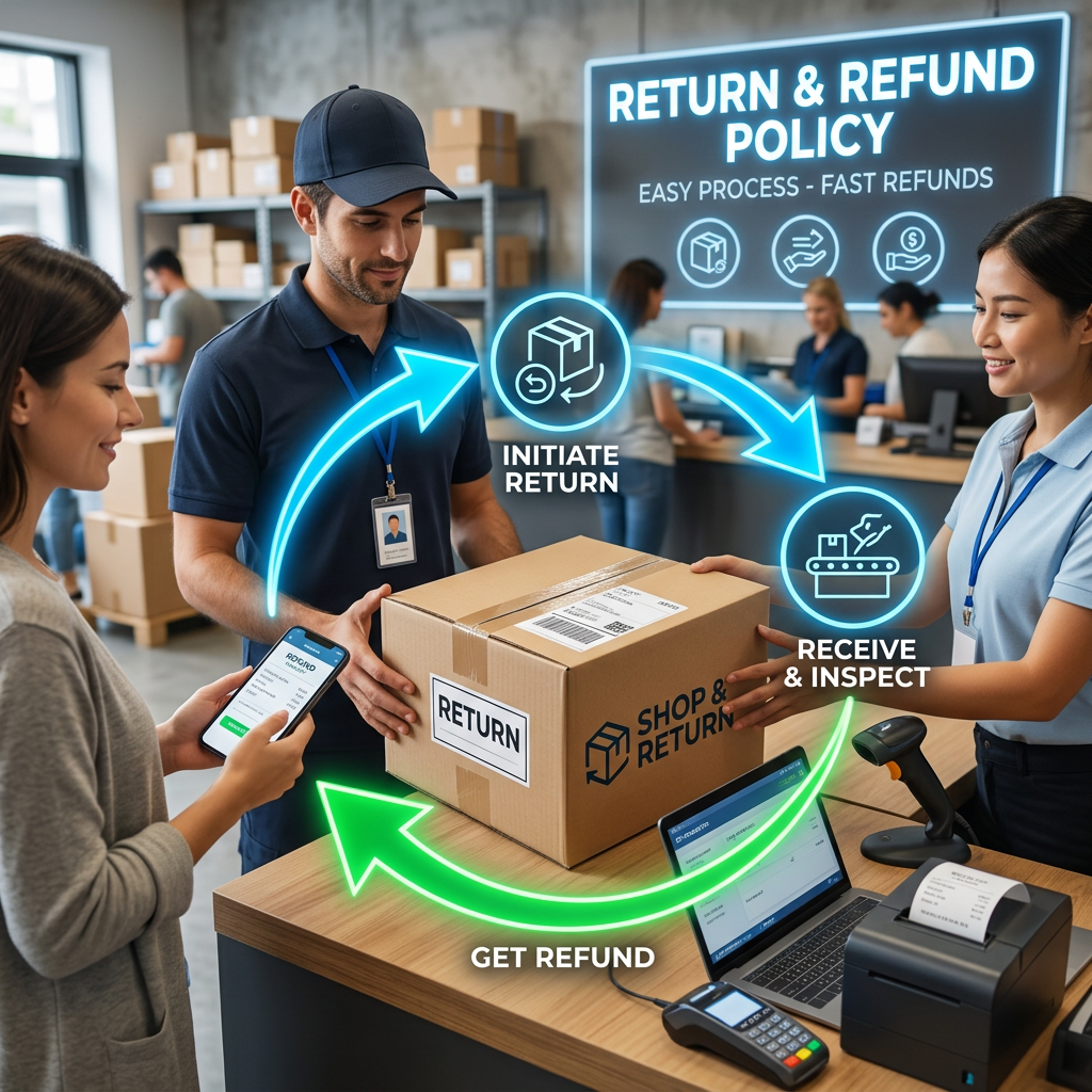 Customers handing over a return package while staff process the return and refunds