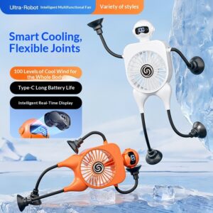 Robot Fan USB Rechargeable Desk Fan Mini Digital Display Table Fan With Suction Cup Portable Cooling Office Car Travel