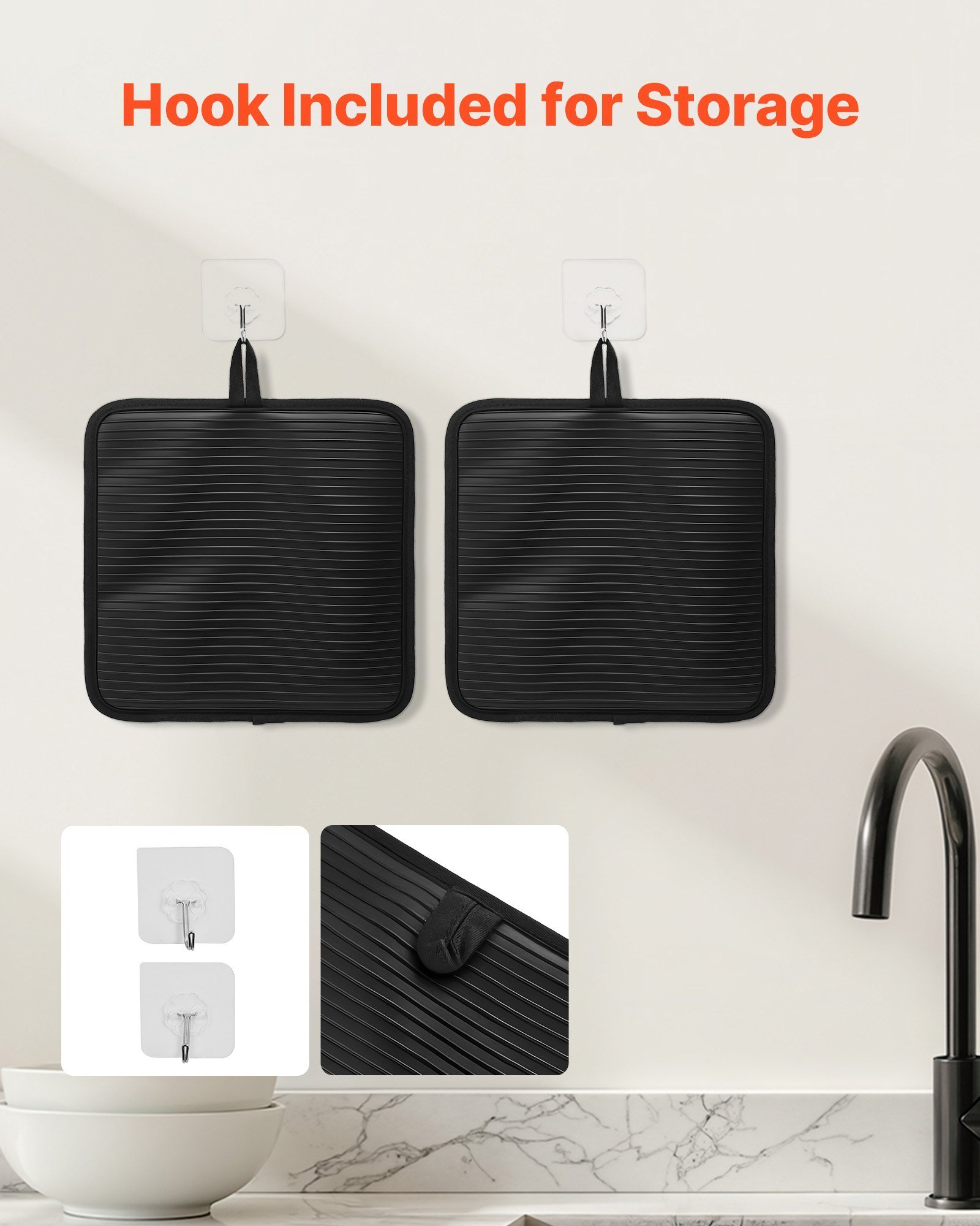 Pot Holders, Heat Resistant To 500°F With Ribbed Soft Anti-Slip Silicone Strips, 100% Cotton 9.06 X 8.98 Inch Hot Pads With 2 No-Marks Hooks, Washable Pot Trivets For Kitchen & Barbeque, 2 Pack - Image 3